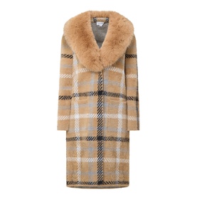 Joseph Ribkoff Patch Pocket Faux Fur Knitted Coat in camel multi check with oversized faux fur collar and longline silhouette