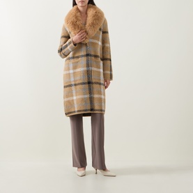 Model wearing Joseph Ribkoff Patch Pocket Faux Fur Knitted Coat in camel/multi check with oversized faux fur collar, styled with taupe trousers and