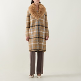 Model wearing Joseph Ribkoff Patch Pocket Faux Fur Knitted Coat in camel/multi check with oversized faux fur collar, styled with brown wide-leg