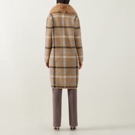 Model wearing Joseph Ribkoff Patch Pocket Faux Fur Knitted Coat in camel/multi check with oversized faux fur collar, styled with taupe trousers. Rear