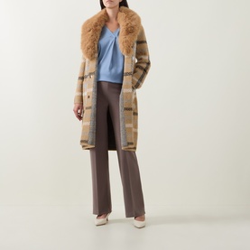 Model wearing Joseph Ribkoff Patch Pocket Faux Fur Knitted Coat in camel/multi check with oversized faux fur collar, styled with blue top and taupe