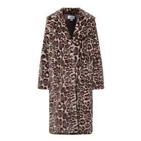 Joseph Ribkoff Leopard Print Faux Fur Coat in beige/multi, oversized notch lapel, longline silhouette, textured faux fur finish