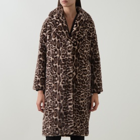 Model wearing Joseph Ribkoff Leopard Print Faux Fur Coat in beige/multi, oversized notch lapel, longline silhouette, textured finish