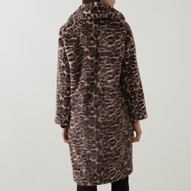 Model wearing Joseph Ribkoff Leopard Print Faux Fur Coat in beige/multi, rear view showing longline silhouette and all-over leopard print texture.
