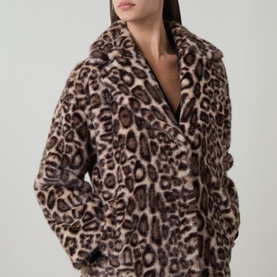 Model wearing Joseph Ribkoff Leopard Print Faux Fur Coat in beige and brown, featuring oversized notch lapel and textured longline silhouette.