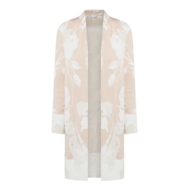 Joseph Ribkoff cover-up in oatmeal and winter white with floral jacquard pattern, open front, and longline silhouette