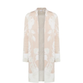 Joseph Ribkoff cover-up in oatmeal and winter white with floral jacquard pattern, open front, and longline silhouette