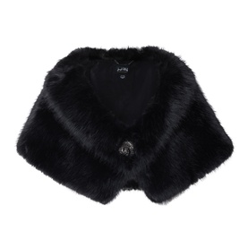 Joseph Ribkoff Faux-Fur Collar Stole in black, V-shaped front, rhinestone brooch closure, satin lining, 100% polyester