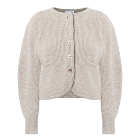 Joseph Ribkoff Rib-Knit Cardigan in Oatmeal Melange, round neckline, dropped shoulders, gold-tone buttons, curved hem, rib-knit texture