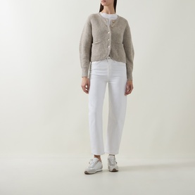 Model wearing Joseph Ribkoff Rib-Knit Cardigan in Oatmeal Melange, styled with white cropped trousers and white trainers.