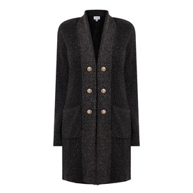 Joseph Ribkoff black and gold metallic longline cardigan coat with double-breasted gold lion buttons and front pockets