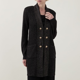 Model wearing Joseph Ribkoff Black/Gold double-breasted longline cardigan with gold buttons and patch pockets, styled with black cami