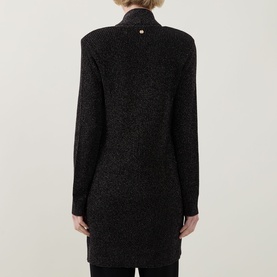 Model wearing Joseph Ribkoff Black/Gold metallic cover-up, rear view showing structured shoulders and mock-neck detail