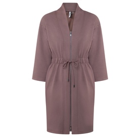 Mauve zip-front robe with drawstring waist, three-quarter sleeves, and open shawl collar