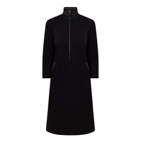Joseph Ribkoff black midi dress with avocado zip collar detail, 3/4 sleeves, and side pocket trim in a relaxed A-line silhouette