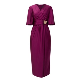 Model wearing Joseph Ribkoff Gathered Hardware-Detail Wrap Dress in Berry Burst, V-neck, flutter sleeves, gold hardware waist detail, midi length