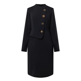 Joseph Ribkoff Statement Button Pencil Dress in black, high neck, long sleeves, asymmetric gold-tone button fastening, midi length