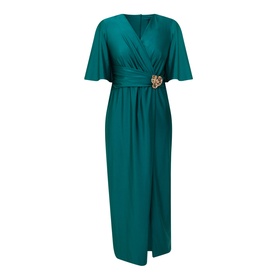 Joseph Ribkoff Opulent Green maxi dress with flutter sleeves, wrap V-neckline, gathered waist, and gold heart brooch detail