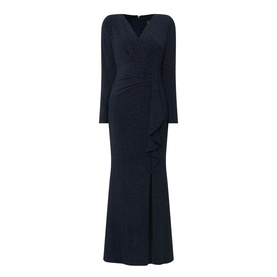 Joseph Ribkoff Metallic Wrap Gown Dress in navy, maxi length with V-neck, long sleeves, ruched waist, shimmer fabric and slit hem