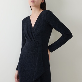 Model wearing Joseph Ribkoff Metallic Wrap Gown Dress in navy, showing V-neck wrap bodice and long sleeves in shimmer fabric