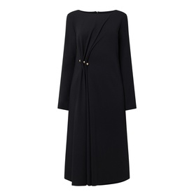 Joseph Ribkoff black midi dress with long sleeves, gathered front detail and gold-tone ring embellishment, in polyester blend fabric.