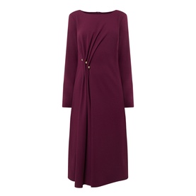 Joseph Ribkoff Gathered Hardware-Detail Dress in Elderberry, midi length, long sleeves, gathered side detail with gold hardware, flared skirt