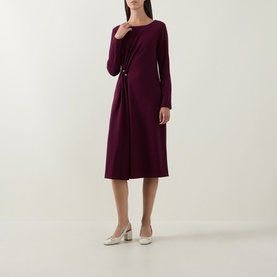 Model wearing Joseph Ribkoff Gathered Hardware-Detail Dress in Elderberry, midi length with long sleeves and side-gather hardware detail, styled with