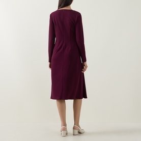Model wearing Joseph Ribkoff Gathered Hardware-Detail Dress in Elderberry, long sleeves, gathered side detail, midi-length flared skirt, back view