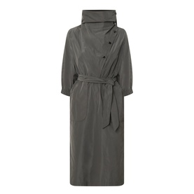 Joseph Ribkoff avocado green longline dress with high collar, asymmetric button fastening, blouson sleeves and tie waist belt