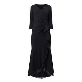 Joseph Ribkoff Frill-Detail Layered Ruffle Dress in black, V-neckline, three-quarter sleeves, ruffle detail, high-low midi hem