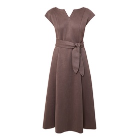 Joseph Ribkoff mink midi dress with V-neckline, cap sleeves, A-line skirt, and self-tie waist belt