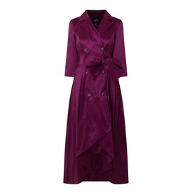 Joseph Ribkoff Double-Breasted Blazer Dress in Berry Burst, satin finish, notch lapel, three-quarter sleeves, self-tie belt, flared high-low hem