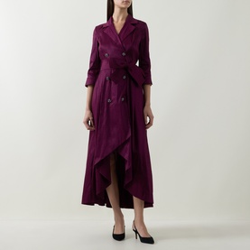 Model wearing Joseph Ribkoff Double-Breasted Blazer Dress in Berry Burst, with notch lapels, self-tie belt, and flared high-low hem. Styled with