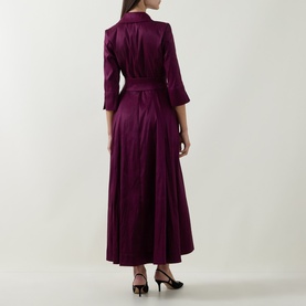 Model wearing Joseph Ribkoff Double-Breasted Blazer Dress in Berry Burst, back view showing satin finish, self-tie belt and flared midi hem. Black