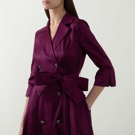Model wearing Joseph Ribkoff Double-Breasted Blazer Dress in Berry Burst, showing notch lapel, three-quarter sleeves, split cuffs and self-tie belt