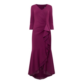 Joseph Ribkoff Berry Burst maxi dress with V-neckline, three-quarter sleeves, and cascading ruffle detail at front hem