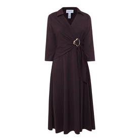 Dark burgundy wrap midi dress with V-neckline, 3/4 sleeves, gold buckle detail at waist, and flared skirt