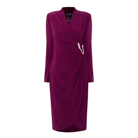 Joseph Ribkoff Berry Burst wrap-effect midi dress with long sleeves, V-neckline, ruched drape, and gold pin detail