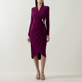 Model wearing Joseph Ribkoff Berry Burst wrap midi dress with ruched drape, silver buckle detail and long sleeves, styled with nude heels