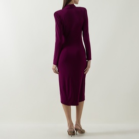 Model wearing Joseph Ribkoff Berry Burst midi dress, long-sleeved ruched bodycon style, back view, styled with gold heeled mules