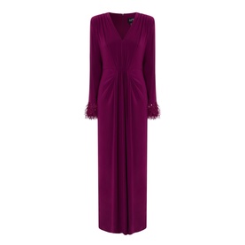 Magenta long-sleeve maxi dress with V-neckline, ruched bodice, and feather-trimmed cuffs