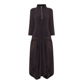Joseph Ribkoff Dress in Mocha, zip-neck midi length with three-quarter sleeves, draped skirt and patch pockets