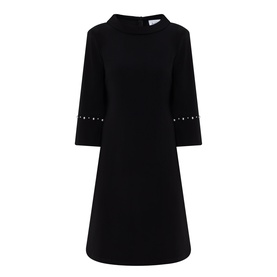 Joseph Ribkoff Jewel Embellished Dress in black, shift silhouette, cropped sleeves with jewel-embellished cuffs, cowl neck, midi length