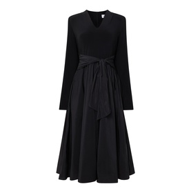 Joseph Ribkoff Contrast Self-Tie Flared Dress in black, V-neckline, long sleeves, self-tie belt, mixed media midi skirt