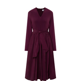 Joseph Ribkoff elderberry midi dress with V-neckline, long sleeves, tie waist belt, and pleated skirt in 100% polyester