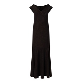 Joseph Ribkoff bronze maxi dress with V-neckline, cap sleeves, and fluted hem in metallic nylon blend fabric