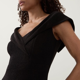 Model wearing Joseph Ribkoff bronze metallic dress with structured off-shoulder neckline and cap sleeves, close-up detail shot