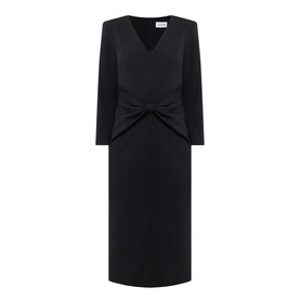 Joseph Ribkoff Gathered Bow Pencil Dress in black, V-neckline, three-quarter sleeves, twisted bow waist detail, midi length