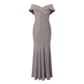 Joseph Ribkoff Off-The-Shoulder Mermaid Dress in taupe, featuring crossover bardot neckline, fitted silhouette, flared mermaid hem, lurex finish,