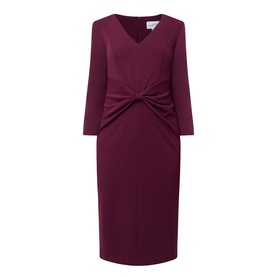 Joseph Ribkoff Gathered Bow Pencil Dress in Elderberry, V-neckline, twist-knot front detail, three-quarter sleeves, midi length